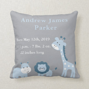 Cute Jungle Animals Baby Boy Announcement Pillow