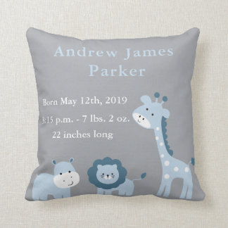 Cute Jungle Animals Baby Boy Announcement Pillow