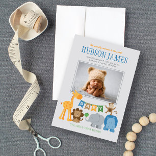 Cute Jungle Animals Baby Boy Grey Photo Birth Announcement