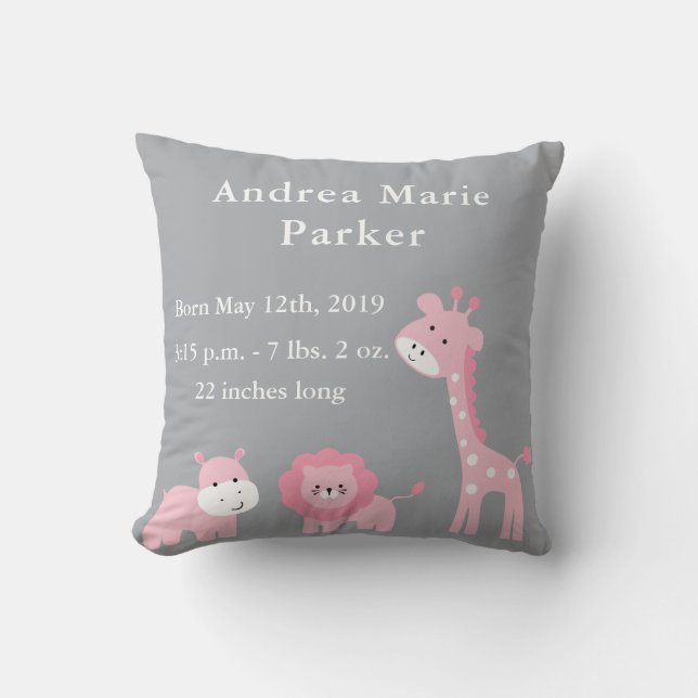 Cute Jungle Animals Baby Girl Announcement Pillow (Front)