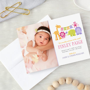 Cute Jungle Animals Baby Girl Portrait Birth Announcement