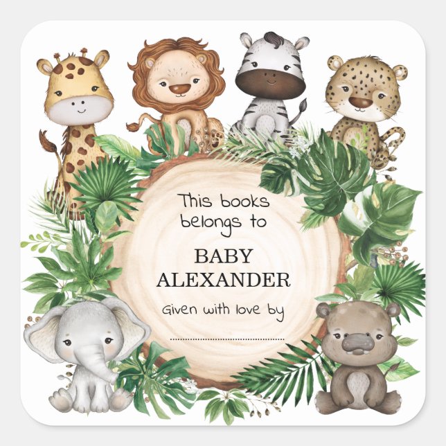 Cute Jungle Animals Baby Shower Bookplate Labels (Front)