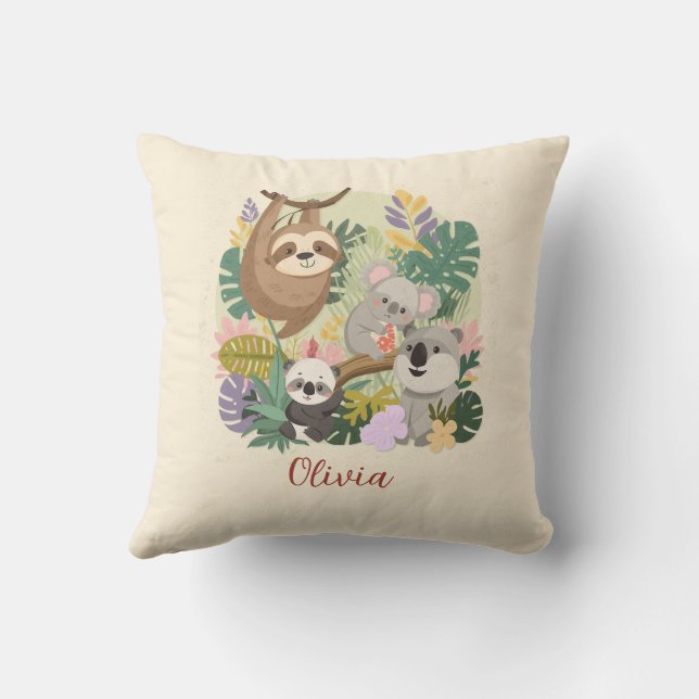 ​Cute Jungle Animals Floral Custom Name Throw pil Cushion (Back)