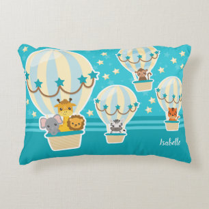 Cute Jungle Animals Flying in Hot Air Balloons Decorative Cushion
