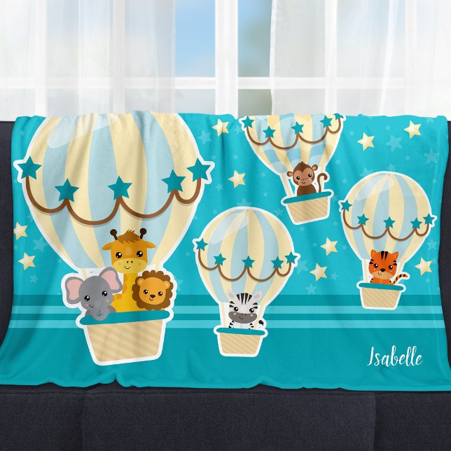 Cute Jungle Animals Flying in Hot Air Balloons Fleece Blanket (Creator Uploaded)