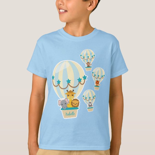 Cute Jungle Animals Flying in Hot Air Balloons T-Shirt (Front)