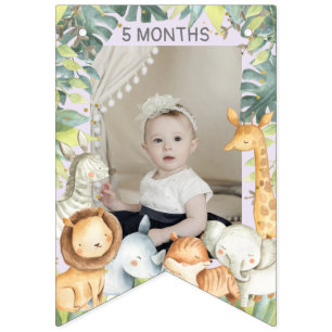 Cute jungle animals girl 1st birthday photo banner