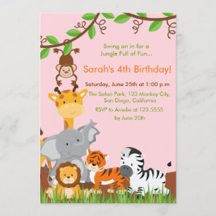 Cute Jungle Animals Girl Birthday Party Invitation