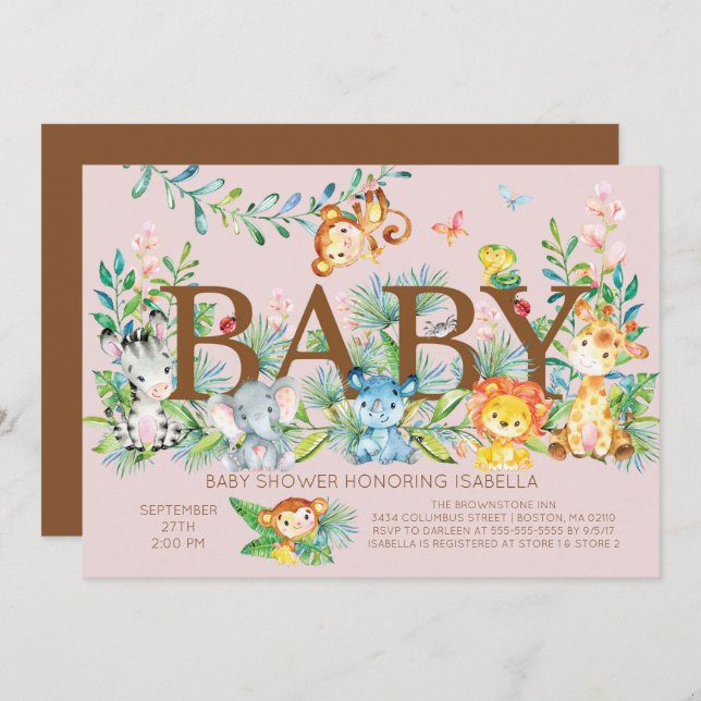 Cute Jungle Animals Girls Baby shower Invitation (Front/Back)