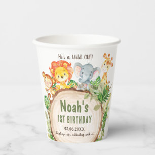 Cute Jungle Animals Greenery 1st Birthday Wild One Paper Cups