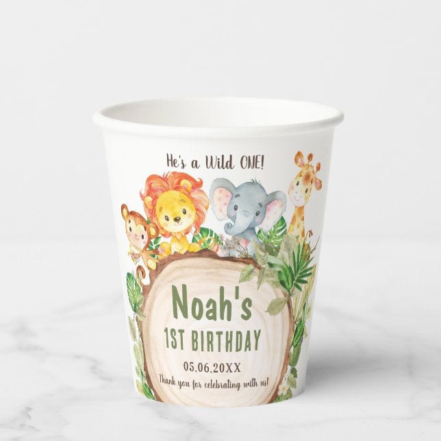 Cute Jungle Animals Greenery 1st Birthday Wild One Paper Cups (Front)