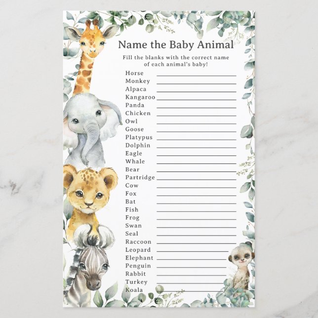 Cute Jungle Animals Greenery Name Baby Animal Game (Front)
