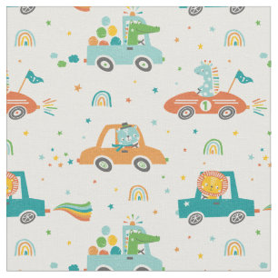 Cute Jungle Animals in Cars on white Fabric