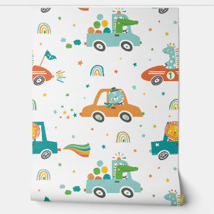 Cute Jungle Animals in Cars with rainbows Wallpaper