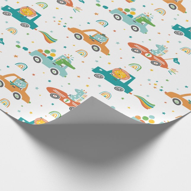 Cute Jungle Animals in Cars with rainbows Wrapping Paper (Corner)