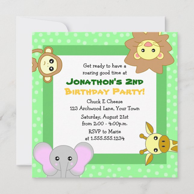 Cute Jungle Animals Kids Birthday Invitations (Front)