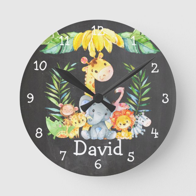 Cute Jungle Animals Personalized Chalkboard Round Clock (Front)