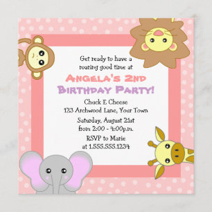 Cute Jungle Animals Pink Kids Birthday Invitations