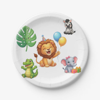 Cute Jungle Animals Safari 1st Birthday Invitation Paper Plate