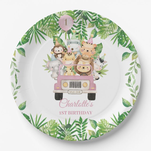 Cute Jungle Animals Safari Adventure Car Birthday  Paper Plate (Front)