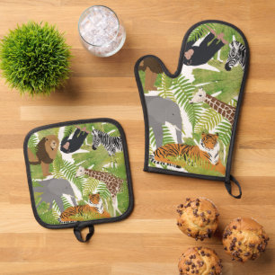 Cute Jungle Animals Safari Boy   Girl Oven Mitt & Pot Holder Set
