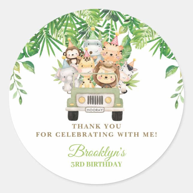 Cute Jungle Animals Safari Car Birthday Favour  Classic Round Sticker (Front)