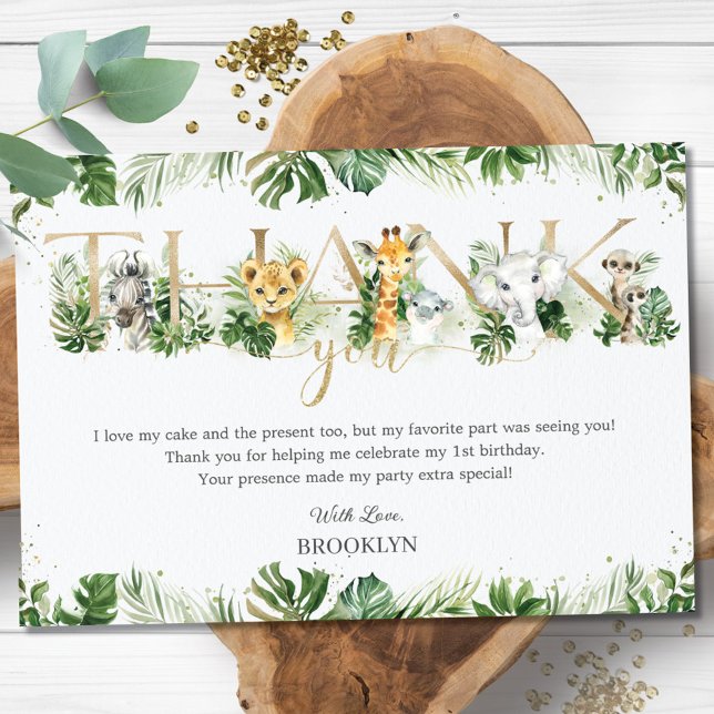 Cute Jungle Animals Safari Greenery 1st Birthday Thank You Card (Creator Uploaded)