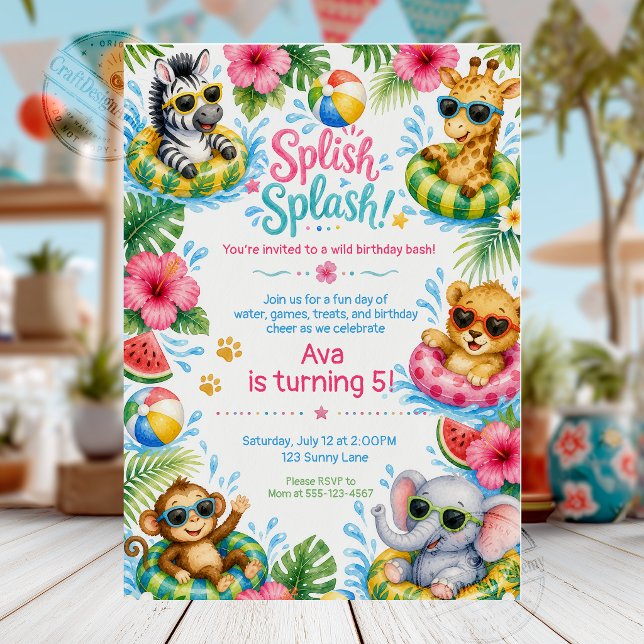 Cute Jungle Animals Splish Splash Pool Party Birth Invitation (Creator Uploaded)