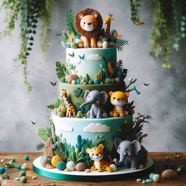 CUTE JUNGLE ANIMALS THEMED KIDS BIRTHDAY CAKE CARD (Creator Uploaded)