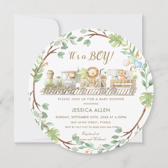 Cute Jungle Animals Train Greenery Baby Shower  Invitation (Front)
