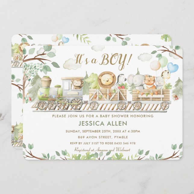 Cute Jungle Animals Train Greenery Baby Shower Invitation (Front/Back)