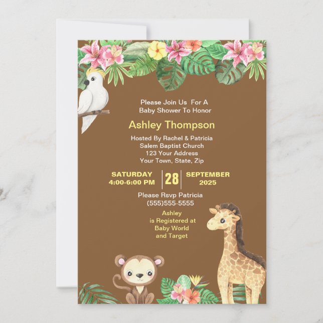 Cute Jungle Animals Tropical Flowers Baby Shower Invitation (Front)