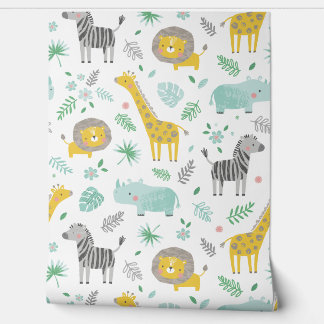 Cute jungle animals with leaves and flowers wallpaper