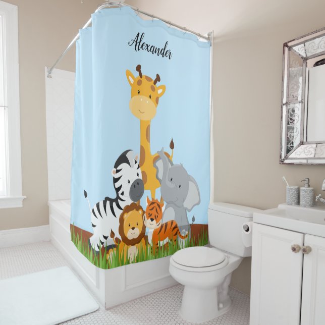 Cute Jungle Baby Animal {pick your colour} Shower Curtain (In Situ)