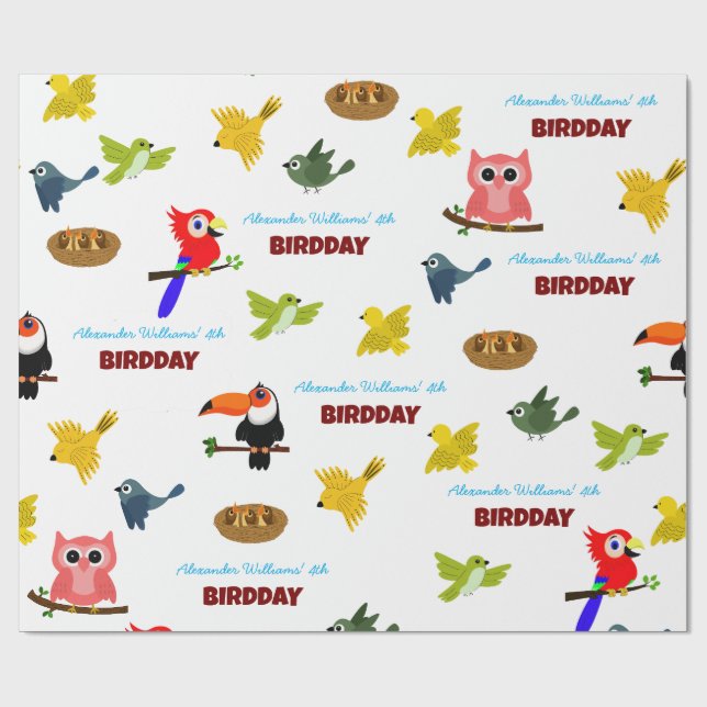 Cute Jungle Bird Birthday Pattern Wrapping Paper (Flat)