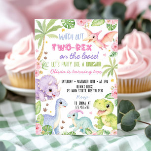 Cute Jungle Dinosaurs Two Rex Girl Birthday Invitation