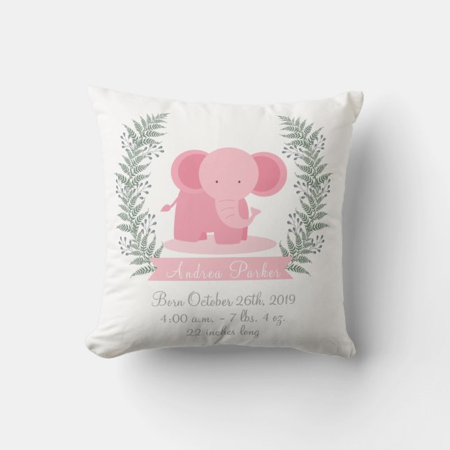 Cute Jungle Elephant Baby Girl Announcement Pillow (Front)
