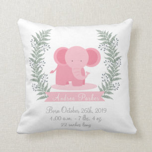 Cute Jungle Elephant Baby Girl Announcement Pillow