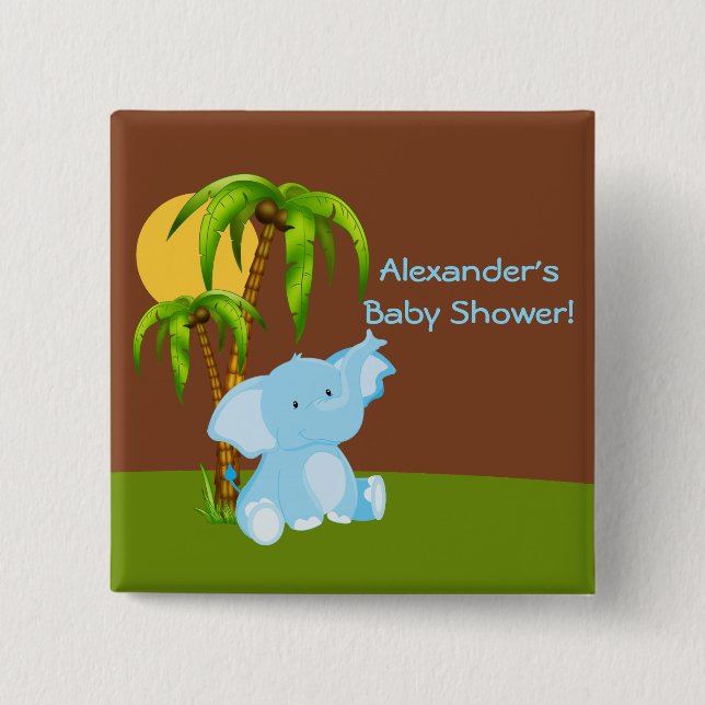 Cute Jungle Elephant Boy Baby Shower Button (Front)