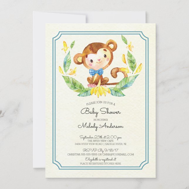 Cute Jungle Monkey Boys Baby Shower Invitation (Front)