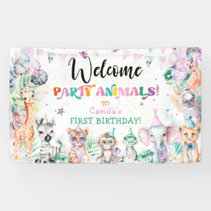 Cute Jungle Party Animals Girl Birthday Welcome Banner