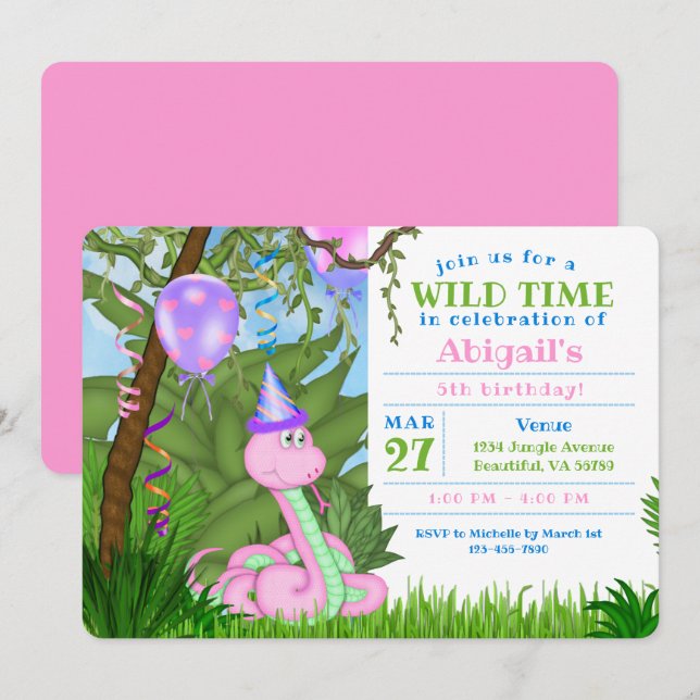Cute Jungle Pink Snake Kids Birthday Party Invitation (Front/Back)