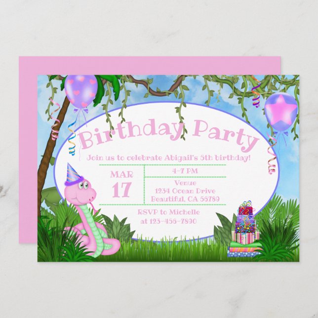 Cute Jungle Pink Snake Kids Birthday Party Invitation (Front/Back)