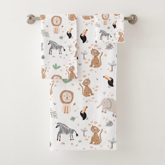 Cute Jungle Rainforest Animals Pattern Bath Towel Set (Insitu)