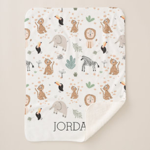 Cute Jungle Rainforest Animals Pattern Sherpa Blanket