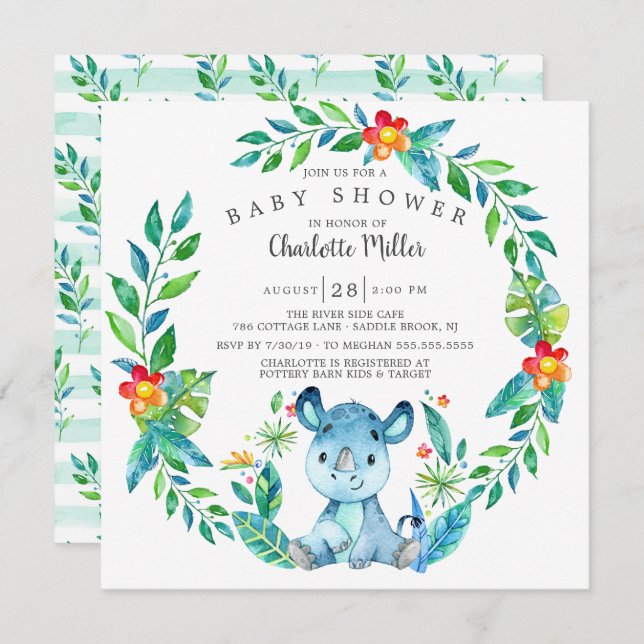 Cute Jungle Rhino Baby Shower Invitation (Front/Back)
