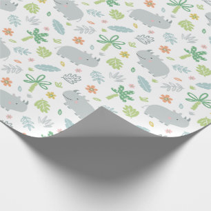 Cute jungle Rhinos with palmtrees and leafs white Wrapping Paper