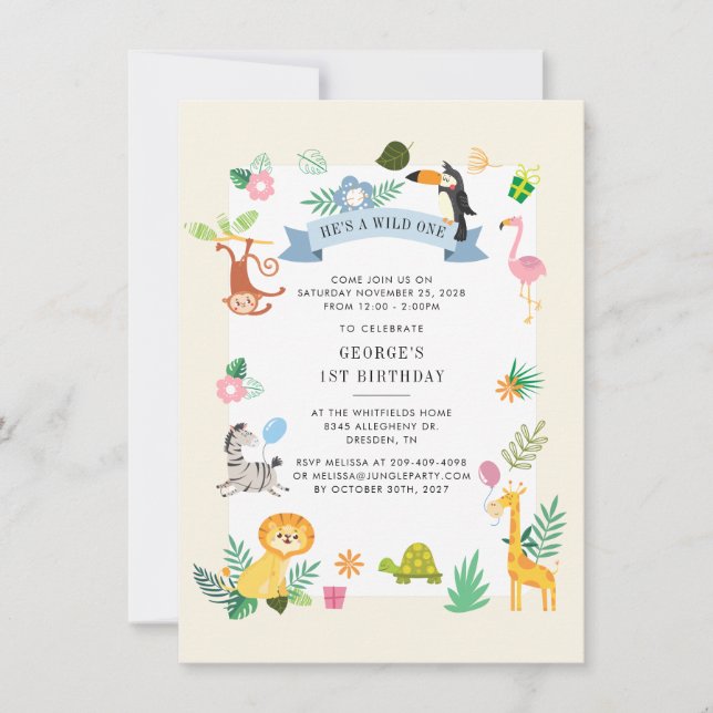 Cute Jungle Safari Animals 1st Birthday  Invitation (Front)