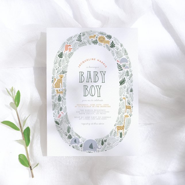 Cute Jungle Safari Animals Baby Boy Baby Shower Invitation (Creator Uploaded)