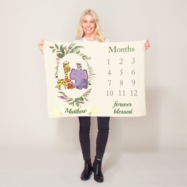 Cute Jungle Safari Animals Baby Boy Milestone Fleece Blanket (In Situ)